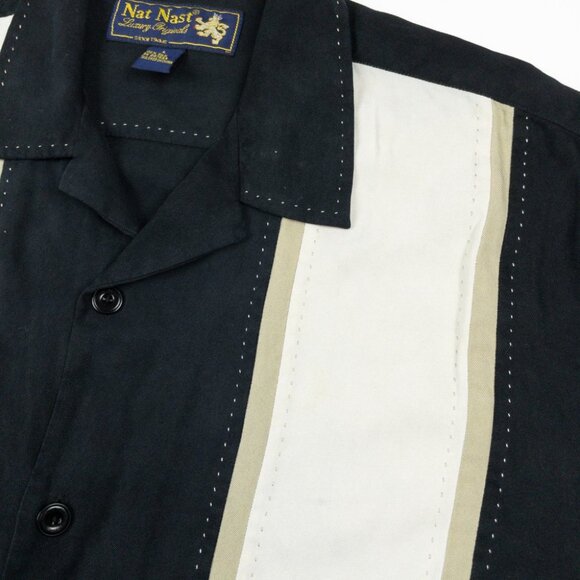Nat Nast Silk Panel Camp Shirt Men's Large Black Striped Embroidered Bowling - Picture 5 of 12